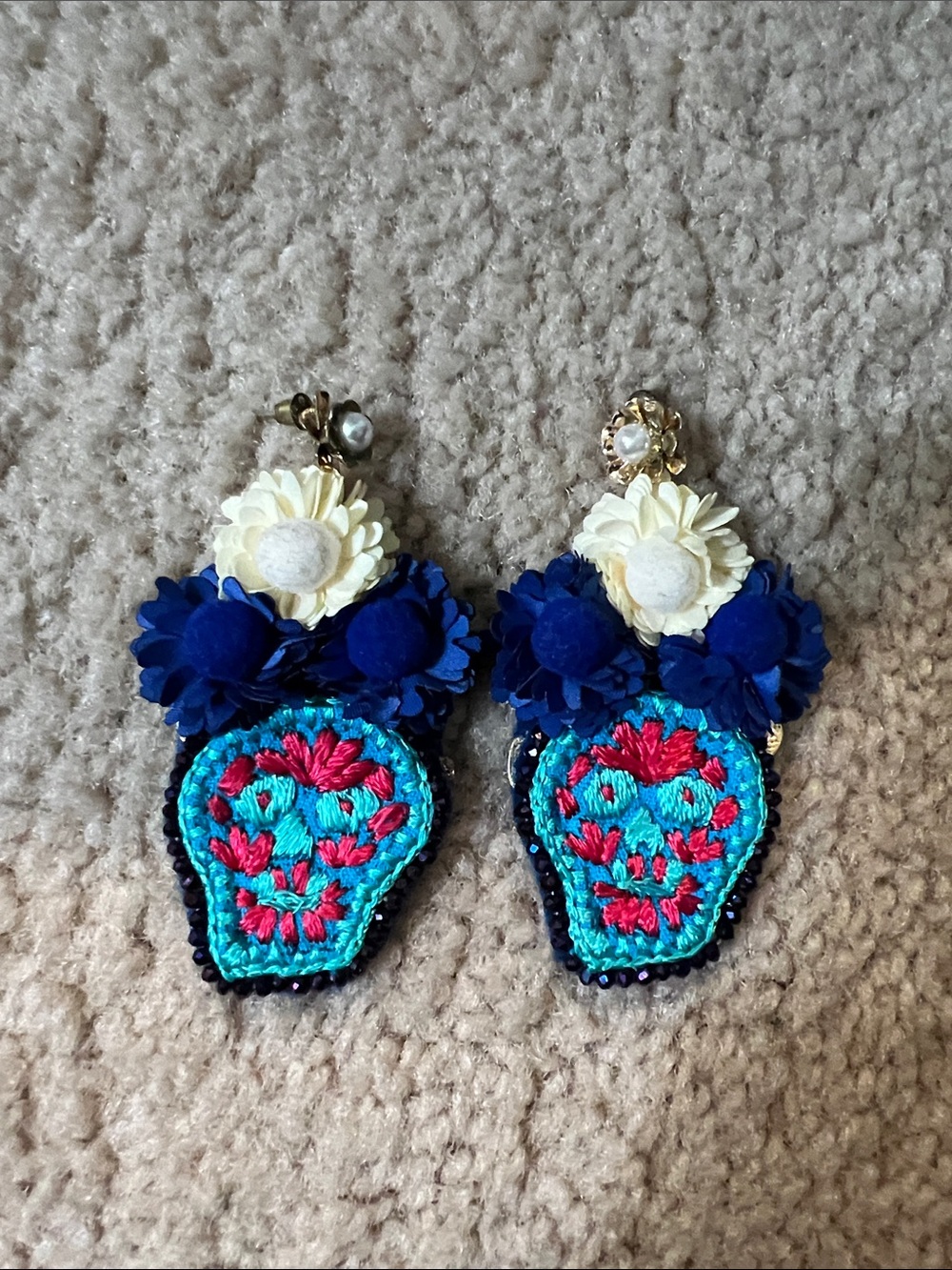Skull Handcrafted Floral Embroidered Earrings Day of the Dead - Dia de Muertos